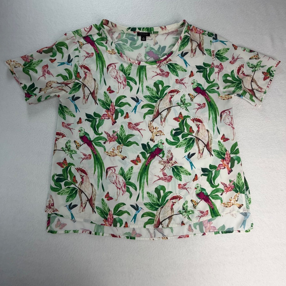 Ann Taylor Womens Tropical Bird Print Short Sleeve Blouse White Multi Size M